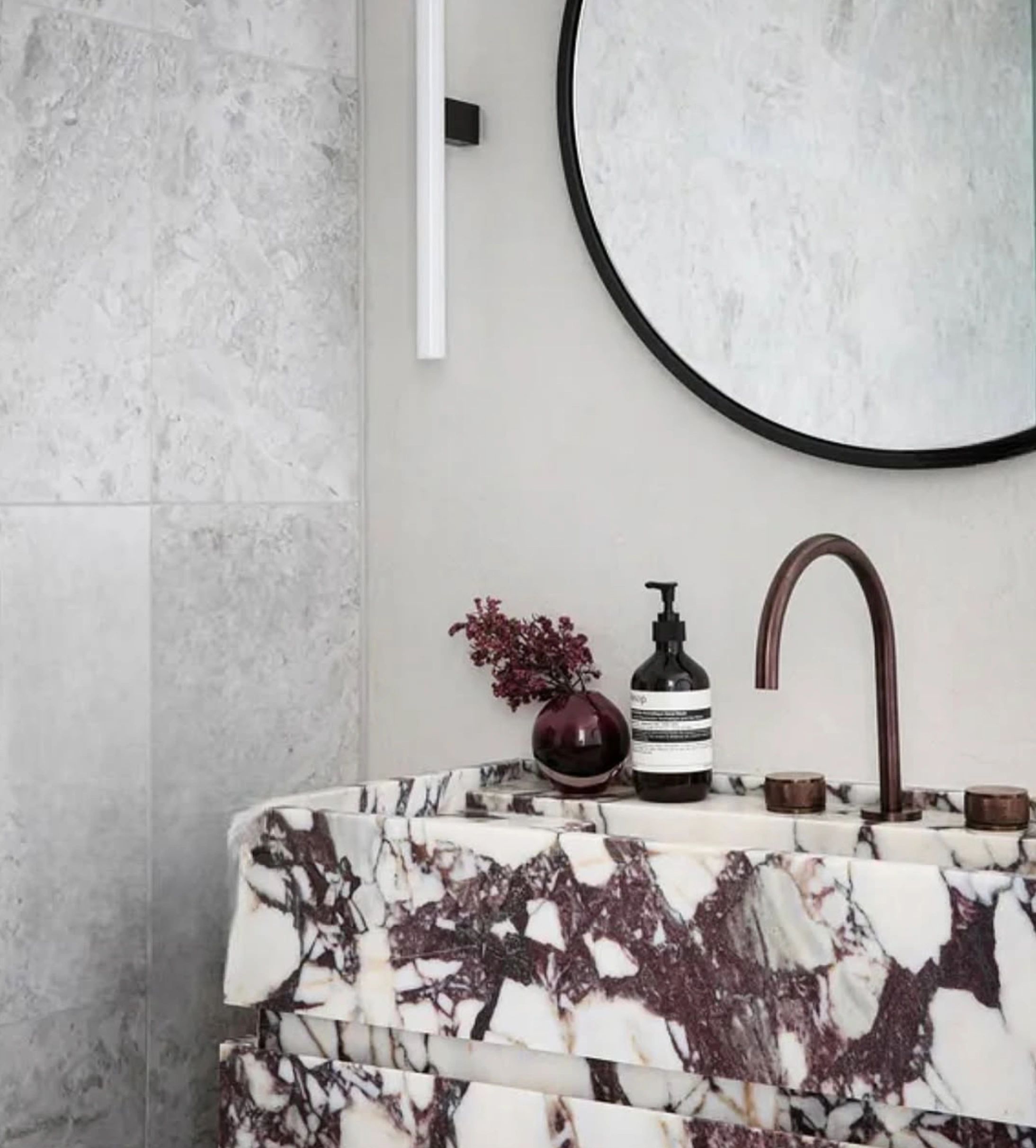 Marble vanity bronze faucet minimalist bathroom